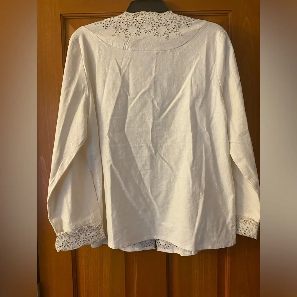 SUSAN GRAVER STYLE White Silver Metallic Eyelet Jacket Blazer Linen Blend Medium - Picture 5 of 8